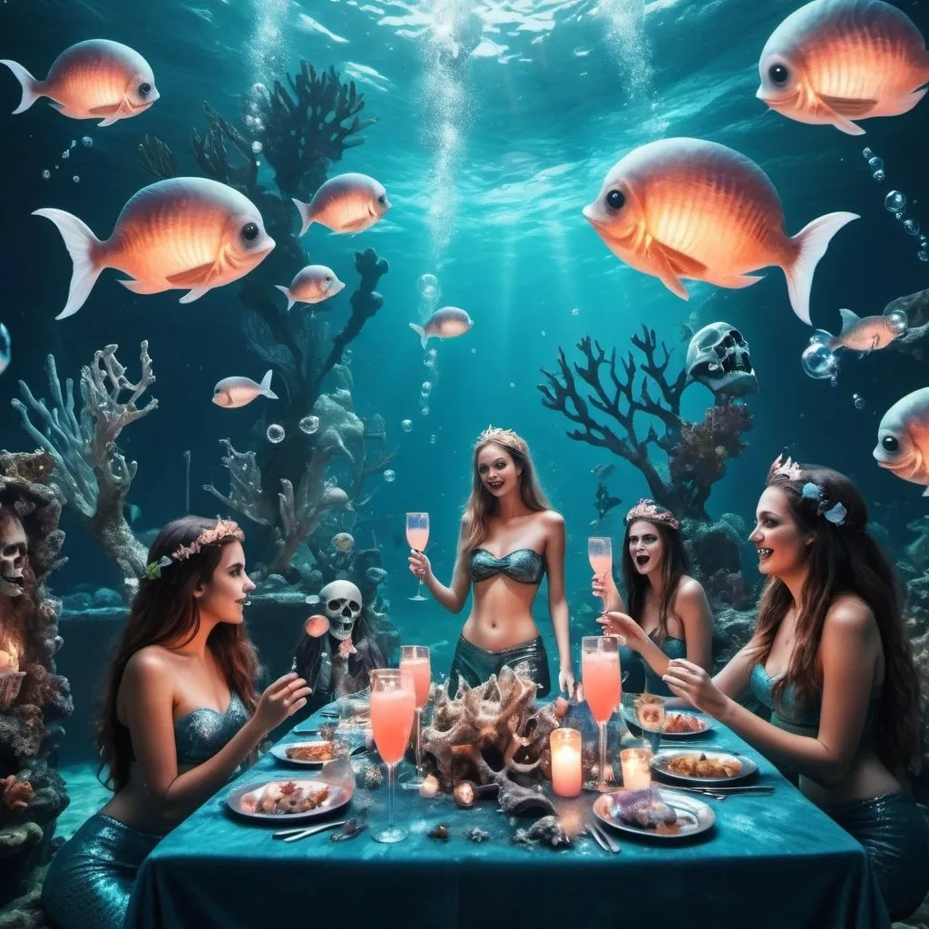 Prompt: A realistic and scary underwater party with mermaids at a coral reef with bubbles,Make it a night party with lights,shipwreck,some skeletons