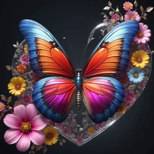 Prompt: create a hyper realistic image of a  vividly colored glossy butterfly with  glossy wings sit on a transparent glossy heart, resting amidst blossoming Metallic colourful flowers and intricate patterns, evoking a sense of natural beauty and artistry. background dark,ultra HD 64k hyperrealism