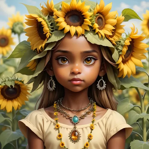 Prompt: Create a beautiful little girl with sunflowers on her head and a necklace on her neck and a necklace on her head, Dulah Marie Evans, fantasy art, anime art, a photorealistic painting