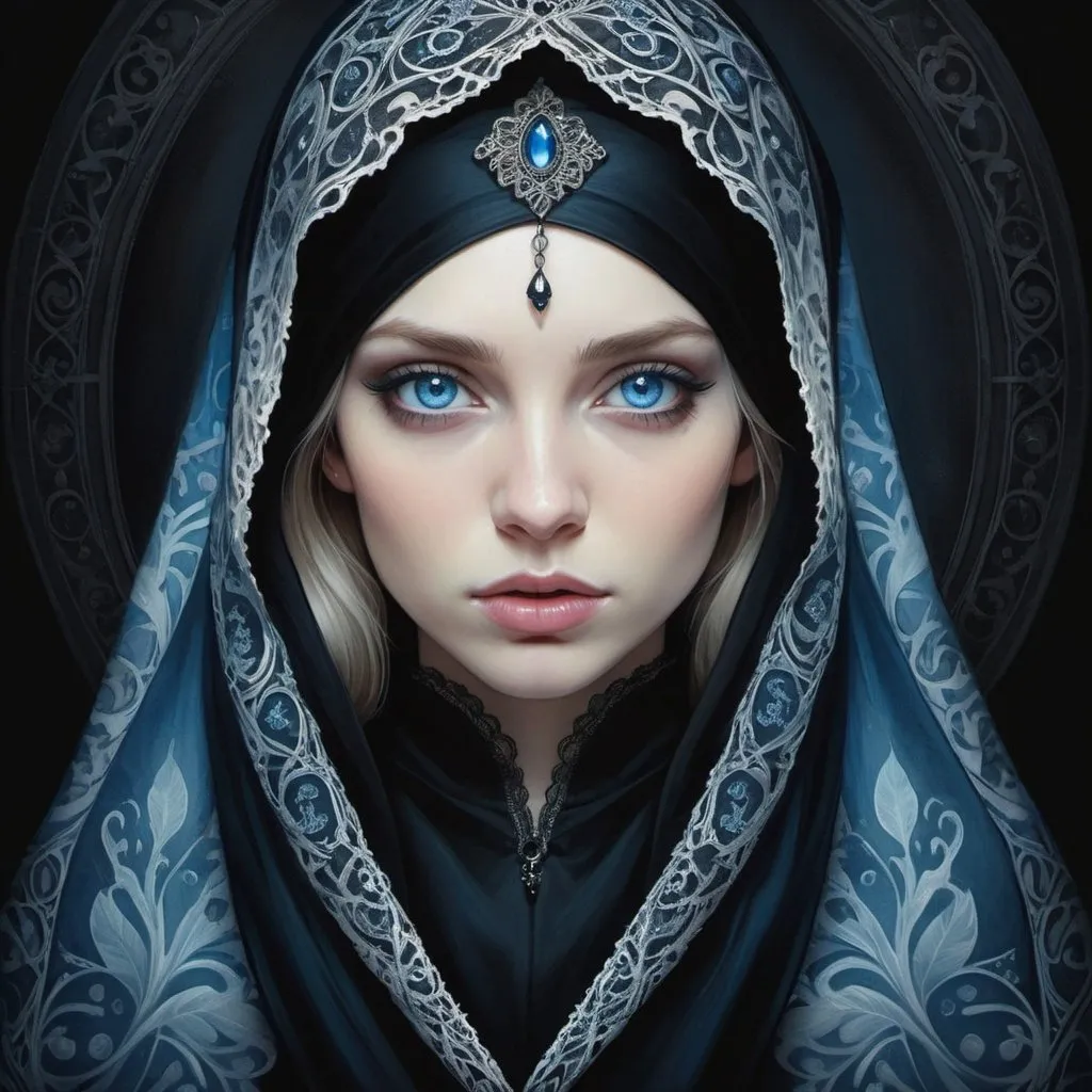 Prompt: a woman with blue eyes and a black veil on her head and a black background with a white and blue pattern, Anna Dittmann, gothic art, highly detailed digital painting, a photorealistic painting