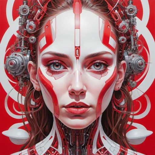 Prompt: a painting of a woman's face with red and white shapes on it, and a red and white background, Android Jones, psychedelic art, biomechanical, an ultrafine detailed painting