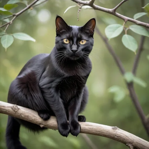 Prompt: A black cat with a neck featuring two large, very loosely hanging smooth ballocks with androgenic hairs, sitting on a branch. high quality