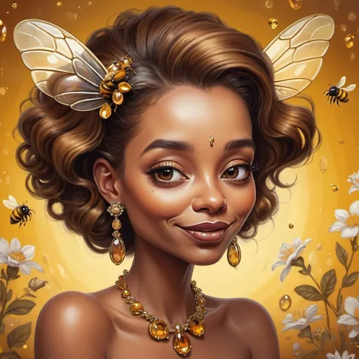 Prompt: Prompt: a piece of artwork that contains a cute caricature bee, a caricature lady, in their hair shiny jewelery, on their face some shiny little rustcolor gems, flowery detailed background, in the style of Richard avedon, powerful and emotive portraiture,  beautifull lighting, 8k resolution ,the bee and lady interact in some way.