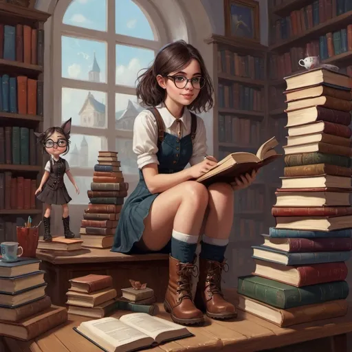 Prompt: a painting of a girl with glasses and a pair of boots on a table with books behind her and a stack of books behind her, Alice Prin, fantasy art, cute and funny, digital art