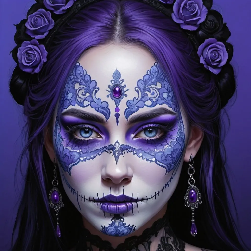 Prompt: a woman with a purple and blue lace face paint on her face and her eyes are blue and there is a purple background, Android Jones, gothic art, highly detailed digital painting, an airbrush painting