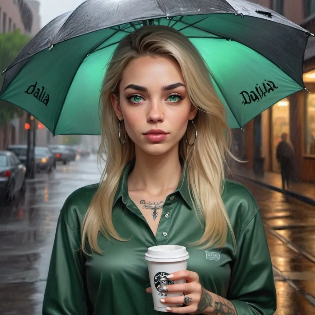 Prompt: 4K glossy oil painting, 3D,HD, of beautiful light skin woman.She is wearing dark jeans and green tennis shoes... standing on the sidewalk on a rainy night with a cup of coffee in one hand and an umbrella in the other..blonde straight shoulder-length hair with a part in the middle of the head, bold eyebrows, gray-green eyes with long eyelashes, light makeup, silver dangling earrings, wearing a green satin blouse with long rolled up sleeves, on her right hand, on the inside of her forearm, she has a black tattoo with the name " Dalia  " (spelled correctly) and a round wristwatch with a black strap.