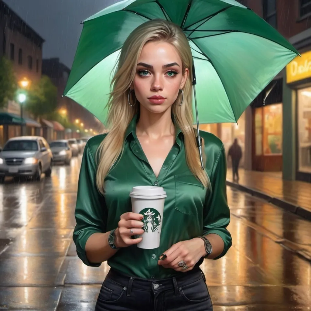 Prompt: 4K glossy oil painting, 3D,HD, of beautiful light skin woman.She is wearing dark jeans and green tennis shoes... standing on the sidewalk on a rainy night with a cup of coffee in one hand and an umbrella in the other..blonde straight shoulder-length hair with a part in the middle of the head, bold eyebrows, gray-green eyes with long eyelashes, light makeup, silver dangling earrings, wearing a green satin blouse with long rolled up sleeves, on her right hand, on the inside of her forearm, she has a black tattoo with the name " Dalia  " (spelled correctly) and a round wristwatch with a black strap.