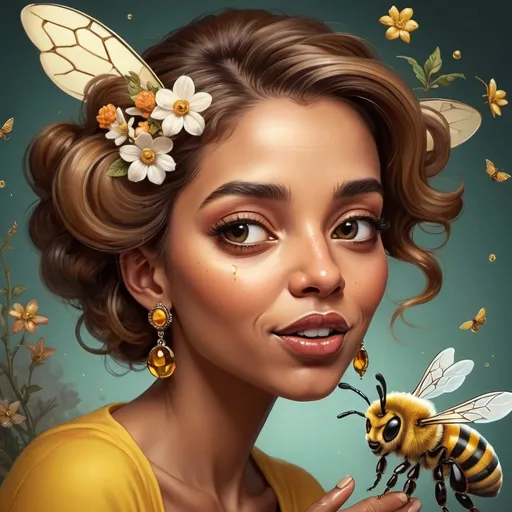 Prompt: Prompt: a piece of artwork that contains a cute caricature bee, a caricature lady, in their hair shiny jewelery, on their face some shiny little rustcolor gems, flowery detailed background, in the style of Richard avedon, powerful and emotive portraiture,  beautifull lighting, 8k resolution ,the bee and lady interact in some way,the bee whispering something in her ear, the lady react with surprise or delight..Include subtle references to nature or mythology.