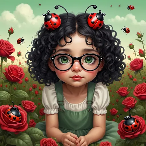 Prompt: Create a image of a cute  little girl, long black curly hair, green eyes,with glasses and a little lady bug on her head sitting on a field of roses , pop surrealism, highly detailed digital painting, a fine art painting