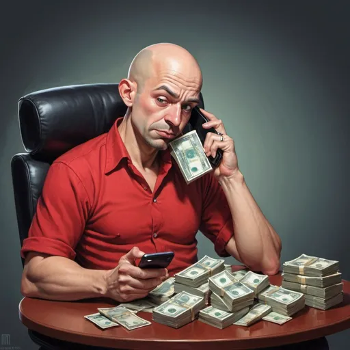 Prompt: whimsical caricature art of a bald man in a red shirt sitting in a black chair with his head turned to the side and his eyes wide open.In front of him is a table with a pile of money on it.  He holds a digital phone to his ear with one hand, and grabs the money with the other.  He has a greedy expression on his face. Dmitry Levitzky, precisionism, zabrocki, a character portrait
