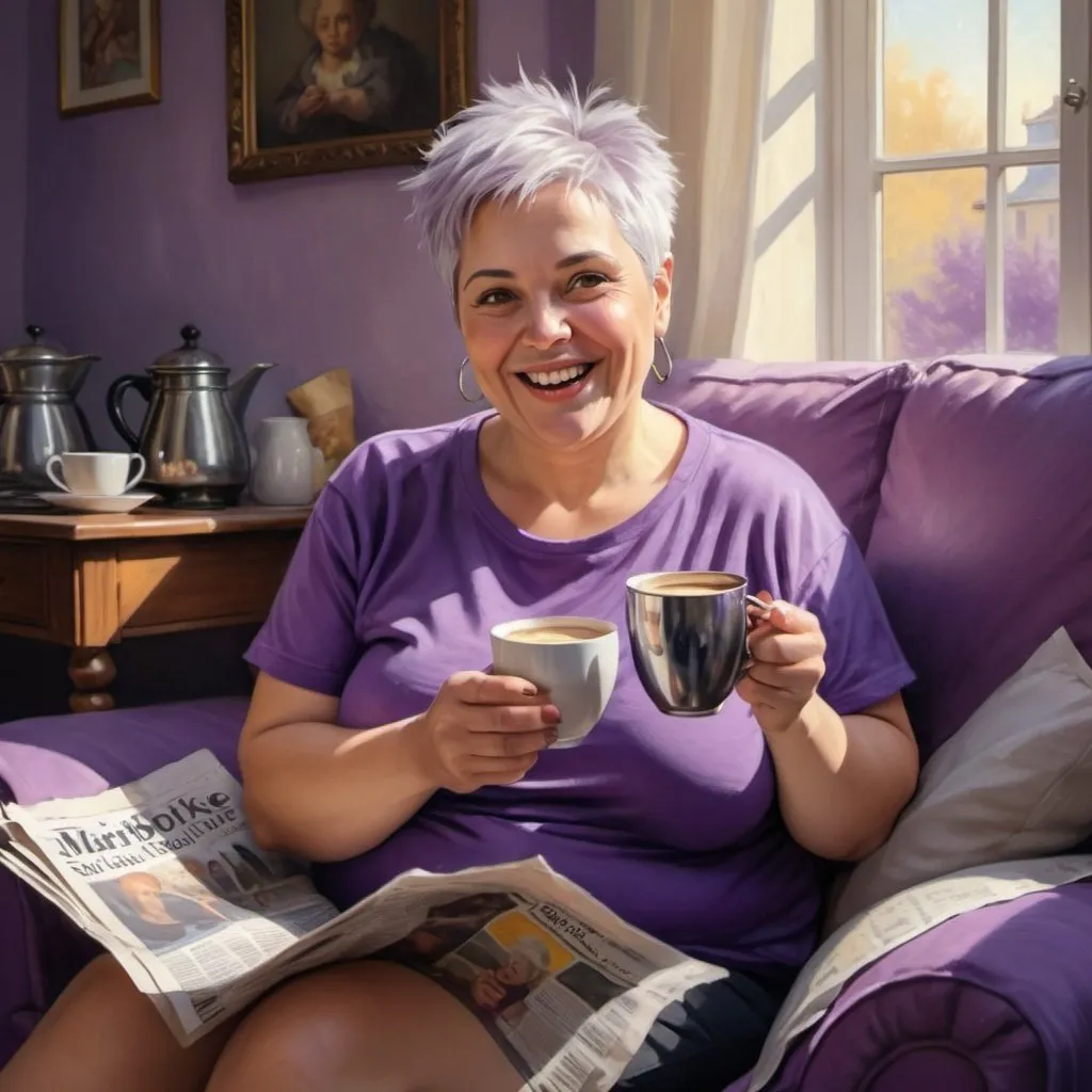 Prompt: 4k glossy oil painting of a joyful middle aged chubby light skin European woman with short straight spiked, silver hair, cut above one ear, holding a steaming cup of coffee and a newspaper. She's wearing a saten violet cozy T-shirt and slippers, relaxing in a sunlit living room. Text on the newspaper reads "Mariborske Novice" Full body view.