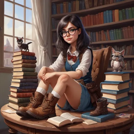 Prompt: a painting of a girl with glasses and a pair of boots on a table with books behind her and a stack of books behind her, Alice Prin, fantasy art, cute and funny, digital art