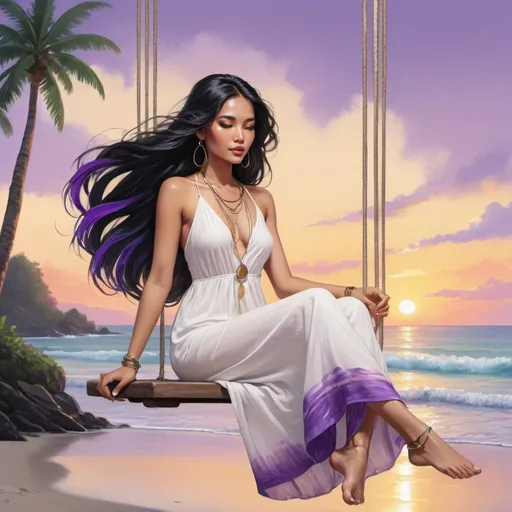 Prompt: Create a digital artwork , featuring a Southeast Asian woman with long, jet black hair cascading down her back with vibrant purple streaks. barefoot, with large silver hoop earrings and a delicate anklet with a seashell charm. Give her warm brown eyes with a touch of gold eyeshadow and full, natural lips. Dress her in a flowy white maxi dress, sitting on a white swing overlooking a tropical beach at sunset.
