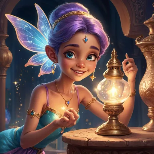 Prompt: create: 🧞‍♂️ A friendly genie emerges from an ancient lamp, granting wishes with a mischievous twinkle in his eye. 🧞‍♀️ A curious fairy flits nearby, her wings shimmering with iridescent colors. She’s the keeper of secrets and magical knowledge.