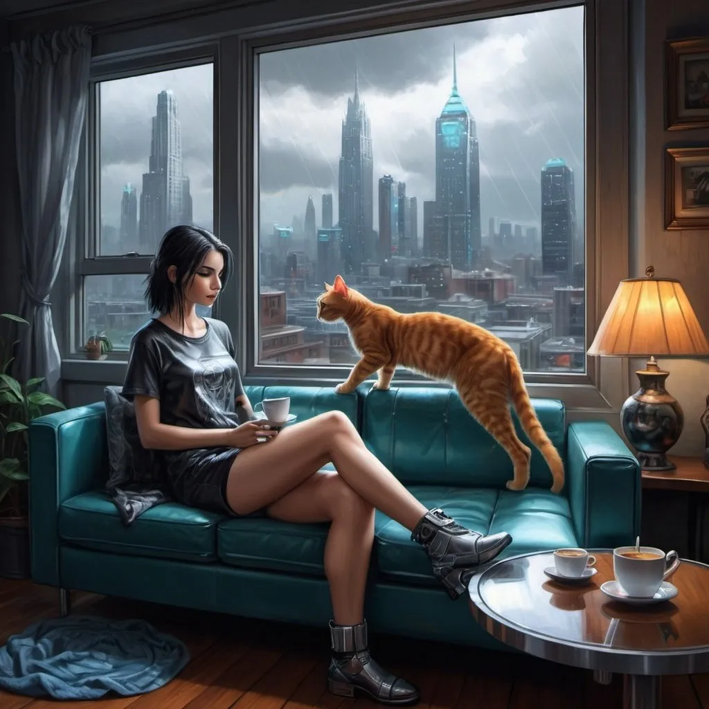 Prompt: a painting of a woman sitting on a couch with a cat and a cup of coffee in front of a window, Anne Stokes, computer art, highly detailed digital painting, cyberpunk art, it's a rainy day outside the window, the dog it's a robotic companion, the woman's clothing it's futuristic,the window view to a futuristic cityscape, with neon signs outside the window