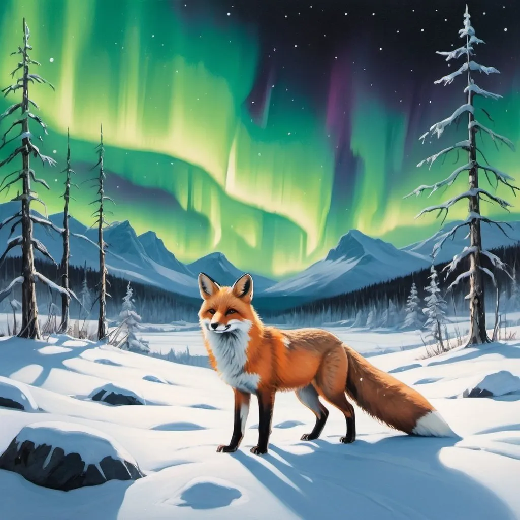 Prompt: Paint a winter landscape with a pack of foxes admiring the aurora borealis