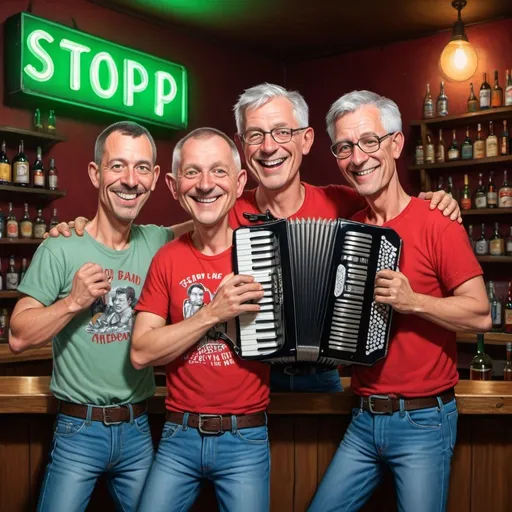 Prompt: Whimsical caricature art, one man with brown short hair in red T-shirt with the inscription "STOP BAND" are holding and playing an accordion, two men with very short, silver hair in red T-shirt with the inscription "STOP BAND" standing behind him,one of two  man squats on the top of the bar.All three have big ears and noses, wearing jeans and posing for a picture together in a room with a bar and a green light behind them,HDR,300DPI, a character portrait, style of the Richard avedon,8k resolution