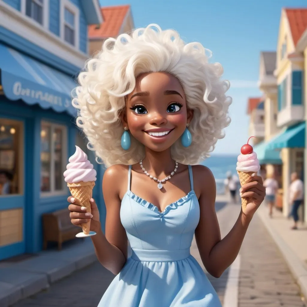 Prompt: Glossy Pixar style of a bubbly Afro-European woman with long, flowing platinum blonde hair, embellished with dainty diamond earrings and a pearl necklace. She dons a chic blue sundress with ruffled details and white sneakers, her blue eyes twinkling with joy. This character skips along a sun-kissed boardwalk, her laughter echoing against the backdrop of a bustling seaside town, holding an ice cream cone in one hand.
