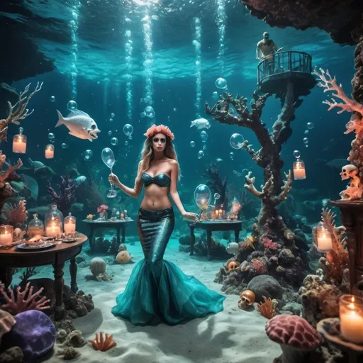 Prompt: A realistic and scary underwater party with mermaids at a coral reef with bubbles,Make it a night party with lights,shipwreck,some skeletons