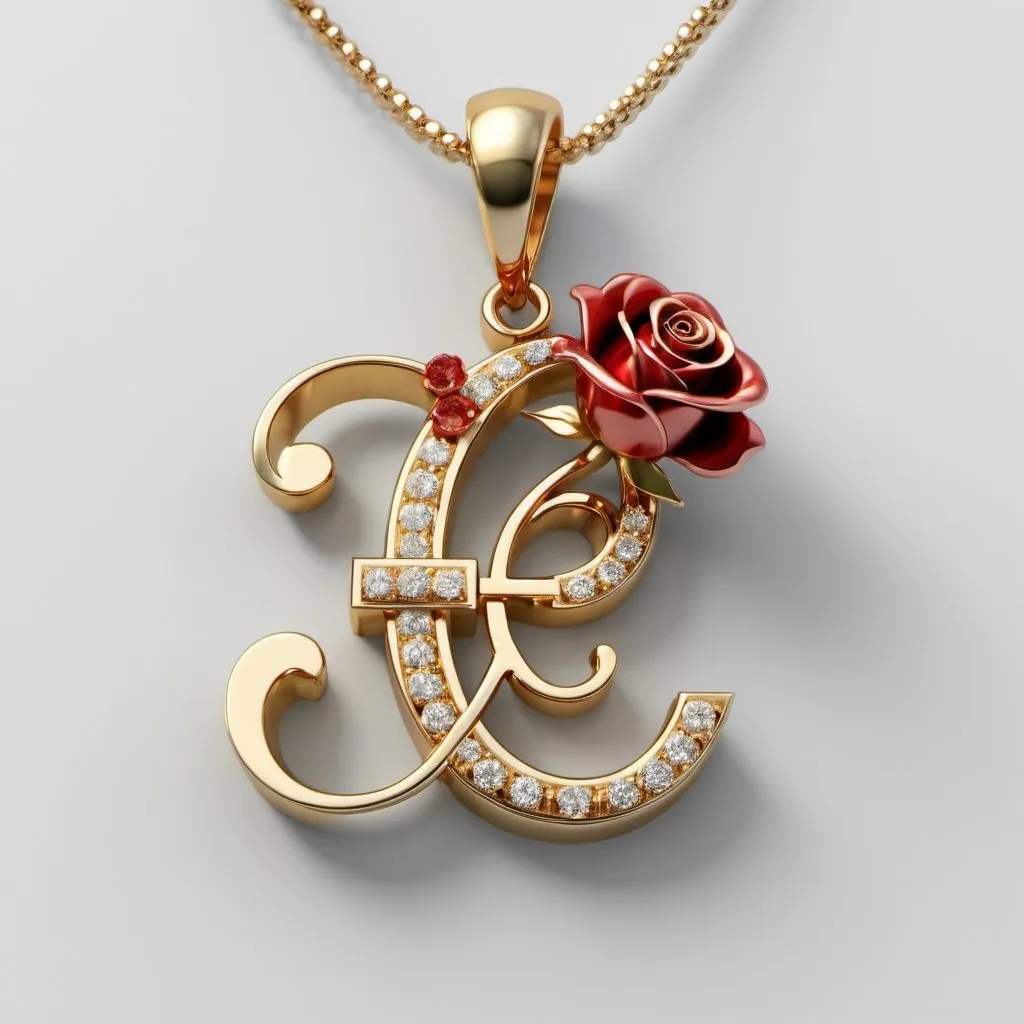 Prompt: Create a gold pendant from the initial "E" in the initial "E" are sprinkled with small diamonds, interlaced with it is a golden rose with a red diamond instead of a flower, the initial is clearly visible, 3D, 48K