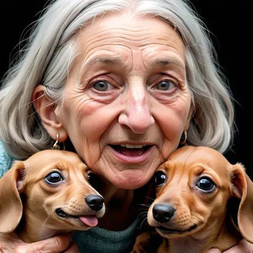 Prompt: 
create a close-up of a whimsical funny old woman with a huge knobby nose and unkempt long grey braided. Funny eye expressions and the corners of her mouth are turned up sharply. In her right hand she's holding a misvishious tiny cute fluffy fawn-colored Dachshund puppy with tongue hanging out of his mouth. extremely detailed, beautiful, 8k, sharp focus, masterpiece