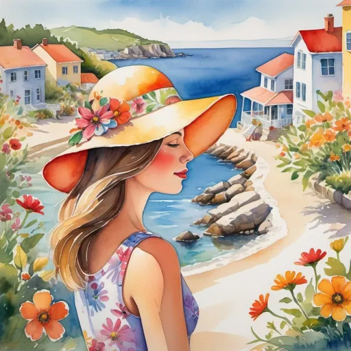 Prompt: Create an image of a woman wearing a  flowered hat enjoying a sunny day, the sun shining on her, vibrant and  colorful that reflects the essence of a quiet coastal town, with  elements of nature, architecture and individuals admiring the beauty  around them. Make sure to incorporate sunlight shining through the  landscape, various floral elements, and unique houses. naive arts. water  color art.