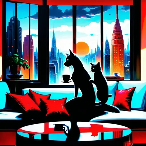 Prompt: a painting of a woman sitting on a couch with a cat and a cup of coffee in front of a window, Anne Stokes, computer art, highly detailed digital painting, cyberpunk art, it's a rainy day outside the window, the dog it's a robotic companion, the woman's clothing it's futuristic,the window view to a futuristic cityscape, with neon signs outside the window, ultra detail, 4k, perfect details, hyper realistic, 3d, --aspect 7:4