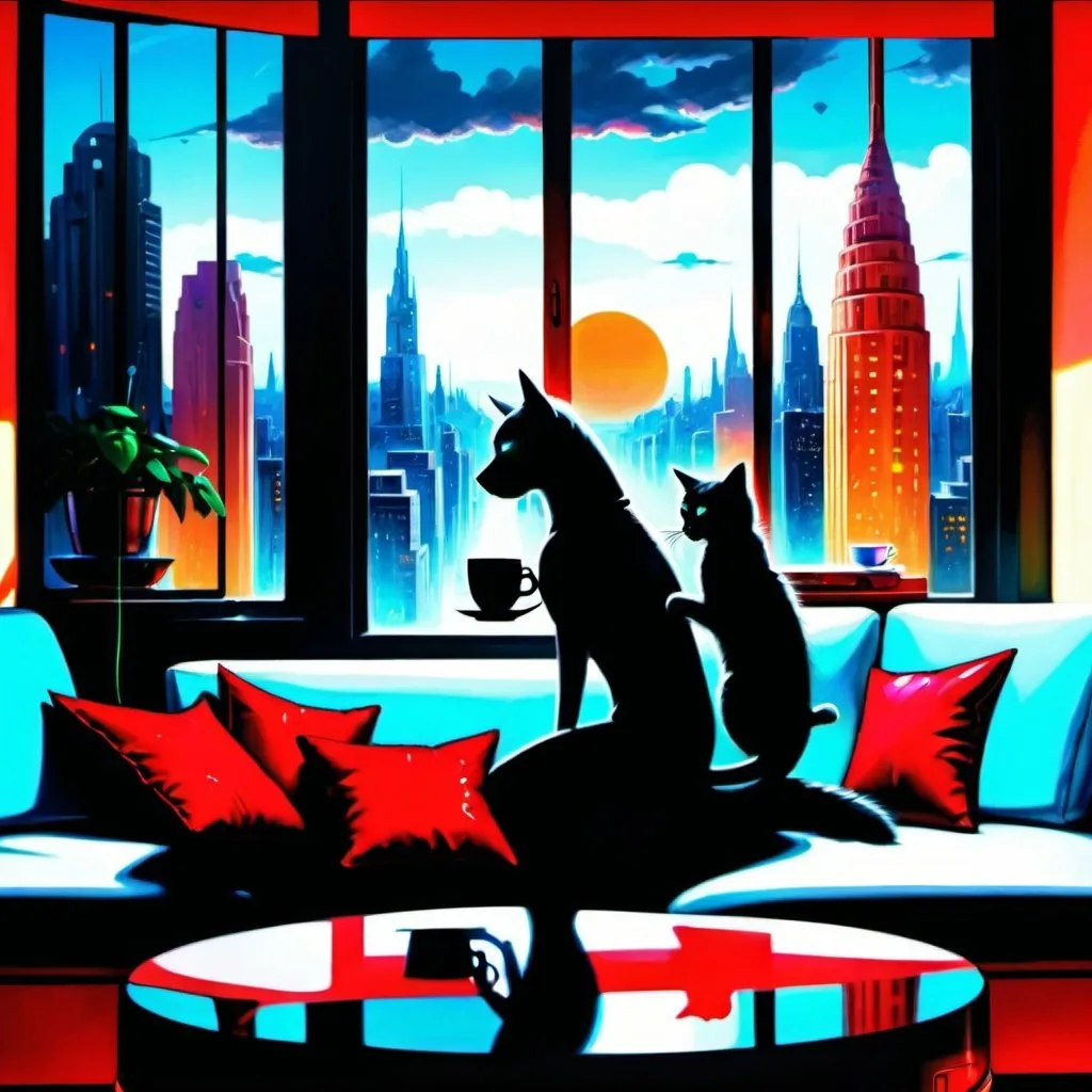 Prompt: a painting of a woman sitting on a couch with a cat and a cup of coffee in front of a window, Anne Stokes, computer art, highly detailed digital painting, cyberpunk art, it's a rainy day outside the window, the dog it's a robotic companion, the woman's clothing it's futuristic,the window view to a futuristic cityscape, with neon signs outside the window, ultra detail, 4k, perfect details, hyper realistic, 3d, --aspect 7:4