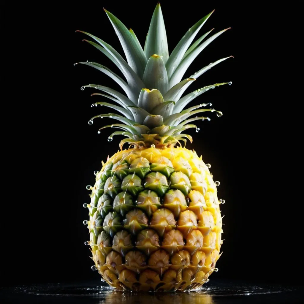 Prompt: Translucent half pineapple, super imposed, back lightning, water drops on the fruit, studio lightning,gradient black background , ultra HD 64k resolution hyperrealism --s 500