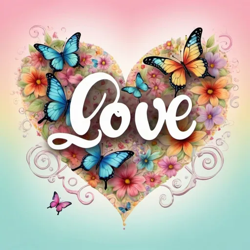 Prompt: Prompt:

Whimsical, airbrush oil ink. Against a pastel colors background, there are a few very colorful butterflies. In the center, there is a heart image surrounded by colorful floral designs. The text “LOVE” in a beautiful script font is displayed upon the heart image,
3D,HD.