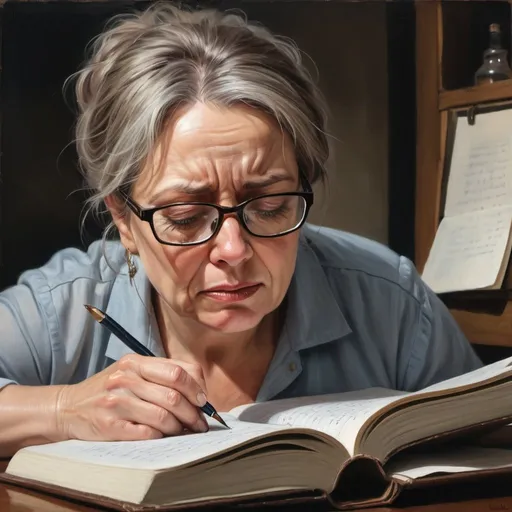 Prompt: Photorealistic Close-up View of a Middle-aged Woman With Glasses. She's Writing in a Journal, a Tear Rolling Down Her Cheek. A Photograph Tucked Inside the Journal Shows Her Husband, Who Appears Ill.glossy Oil Painting