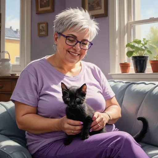 Prompt: 4k glossy oil painting of a joyful middle aged chubby light skin European woman with short straight spiked, silver hair, cut above one ear and have black-rimmed reading glasses. She paints her toenails very carefully. She's wearing a violet cozy T-shirt and cozy pants, in a sunlit living room. Next to her is a cup of coffee with steam rising from it.  A black kitten is sitting next to her. Full body view.