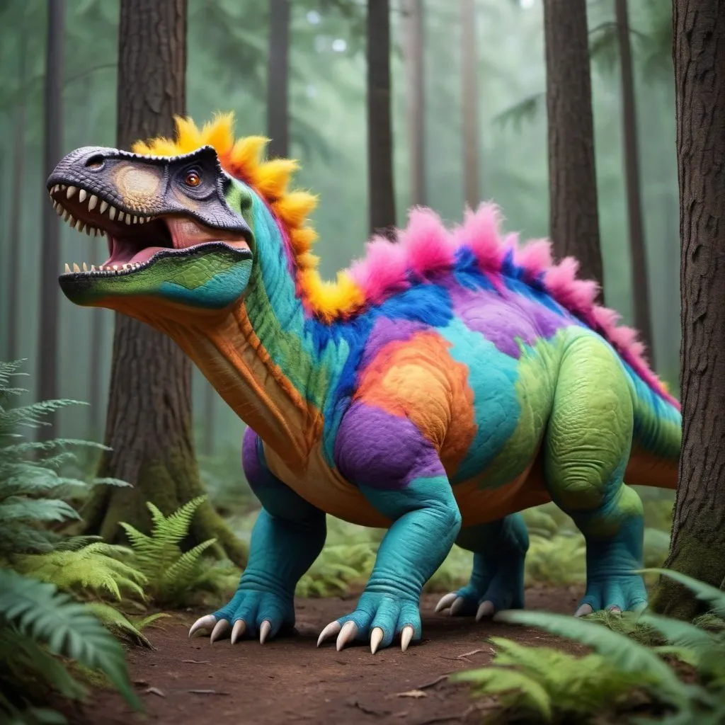 Prompt: A dinosaur with colorful, fluffy fur in the forest