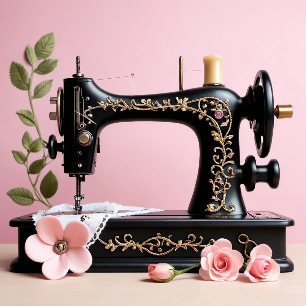 Prompt: Prompt:
Create a 3d image contains a vintage sewing machine with black and gold accents. The machine is decorated with flowers and vines, and a spool of thread is on the needle. The machine is sitting on a table with two pairs of scissors and a tape measure on the table. The background is a pink gradient, and the image has a soft, romantic feel to it and the name ERIKA over the sewing machine.