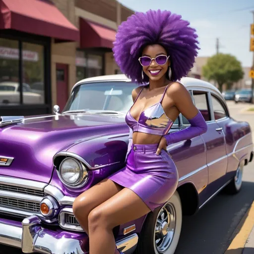 Prompt: A hyper-realistic image of an African American woman with a vibrant purple afro, purple shoes, and a dazzling smile. Wearing a custom-designed outfit in shades of purple, she proudly poses next to a meticulously restored, purple Chevrolet Bel Air. The car gleams under the spotlight, showcasing its chrome accents and intricate detailing. The text "Showstopper" is displayed in a classic font on the car's windshield.
