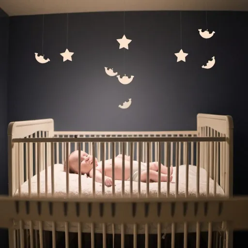 Prompt: Prompt: Create an image of baby cam footage of a baby floating above her crib in the middle of the night with a time index in the corner of the frame