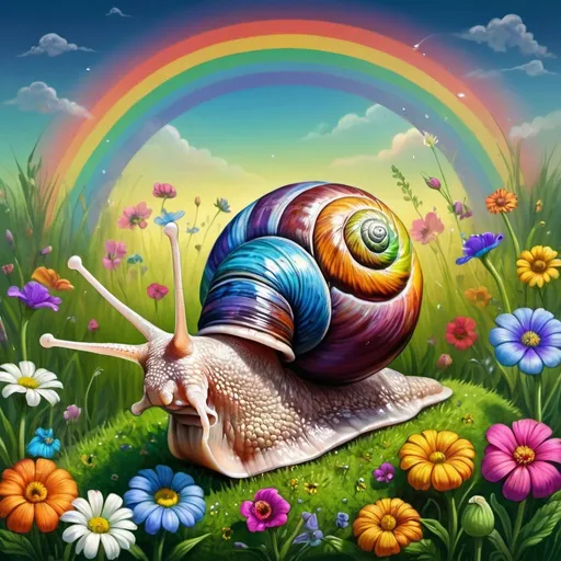 Prompt: a painting of a snail in a garden of flowers and grass with a rainbow background and a rainbow sky, Craola, psychedelic art, highly detailed digital art, a detailed painting