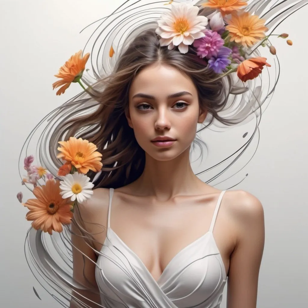 Prompt: Create a harmonious blend of abstract flowing lines of a beautiful young woman and realistic flowers, where the lines morph into the shapes of the women of flowers, illustrating a dance between abstraction and realism ultra HD 64k hyperrealism