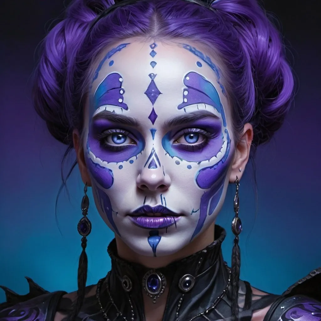 Prompt: a woman with a purple and blue face paint on her face and her eyes are blue and there is a purple background, Android Jones, gothic art, highly detailed digital painting, an airbrush painting