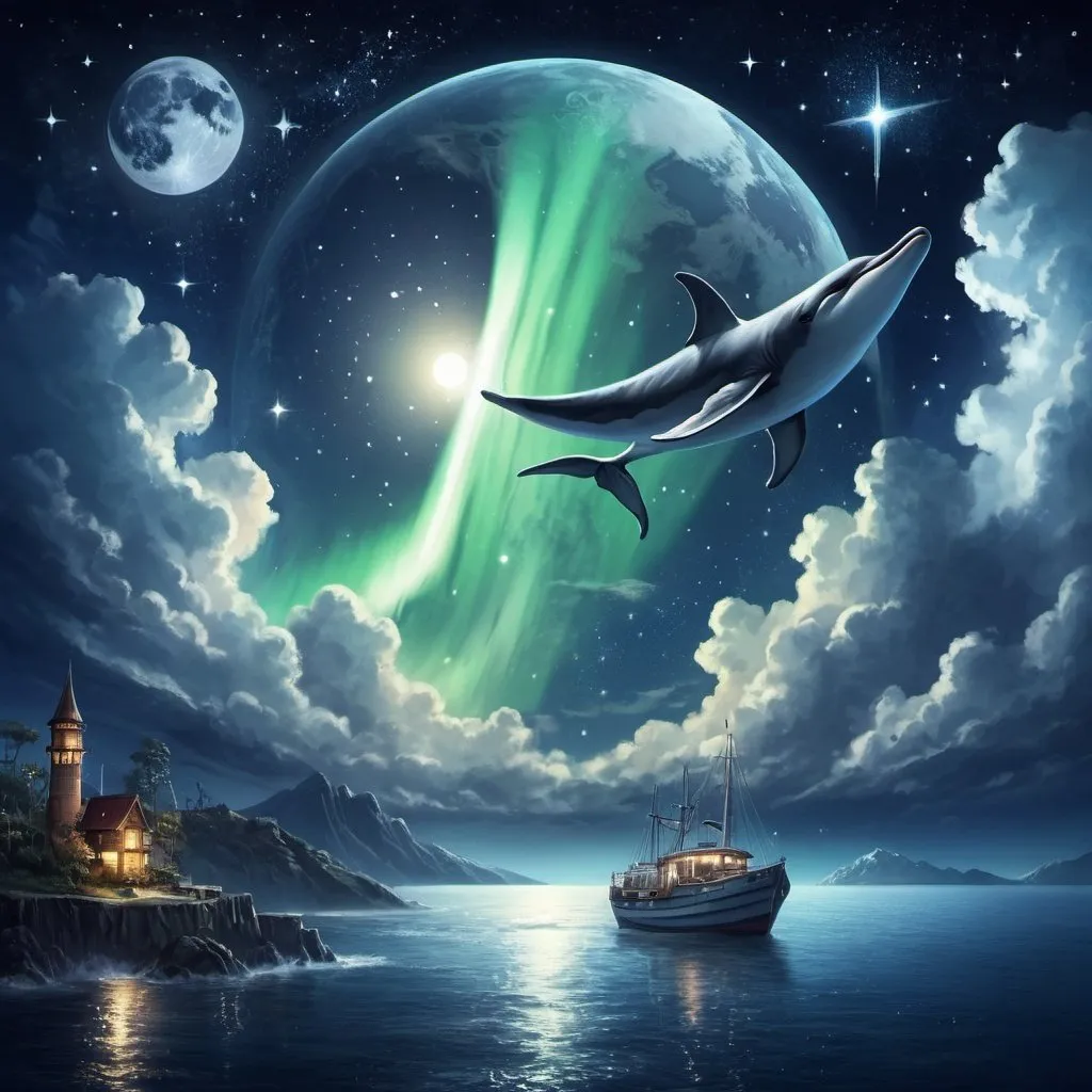 Prompt: above clouds, aurora, boat, city lights, cloud, cloudy sky, constellation, crescent moon, dolphin, earth \(planet\), fish, full moon, galaxy, horizon, island, lightning, milky way, moon, moonlight, night, night sky, no humans, ocean, planet, scenery, ship, shooting star, shore, sky, space, space craft, spacesuit, star \(sky\), star \(symbol\), starry sky, starry sky print, tower, water, watercraft, waves, whale