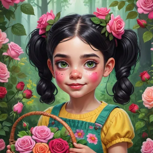 Prompt: A hyperrealistic illustration of a child with playful black pigtails, bright floral accessories, casual and colorful clothing, amidst vibrant roses, with a whimsical forest background, holding a small basket of magical herbs. Include splashes of paint around the canvas, big green eyes with long lashes, thin eyebrows, and a rosy cheek.