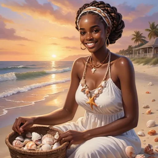 Prompt: 4k glossy oil painting: African American beach collector (dark skin), a radiant smile, gathers seashells in a woven basket at dusk. Braids adorned with starfish charms. Flowing white sundress. Delicate gold necklace with tiny shell. Barefoot in warm sand. Beach bathed in fiery light, waves lap at shore. Beach adorned with colorful towels, seashells.
