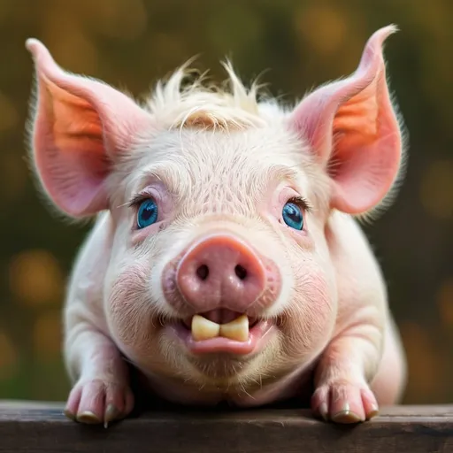 Prompt: Prompt:
a whimsical funny HAPPY WEEKEND picture of a funny fluffy pig with huge blue eyes, huge ears and a huge pink nose. Funny eye expressions The floating bristles of hair around his head are long and tousled. The corners of his mouth are turned up sharply. You can see his two front feet with long, pointed nails resting on the edge of a table. Perfect colorful composition. A funny and adorable masterpiece.
