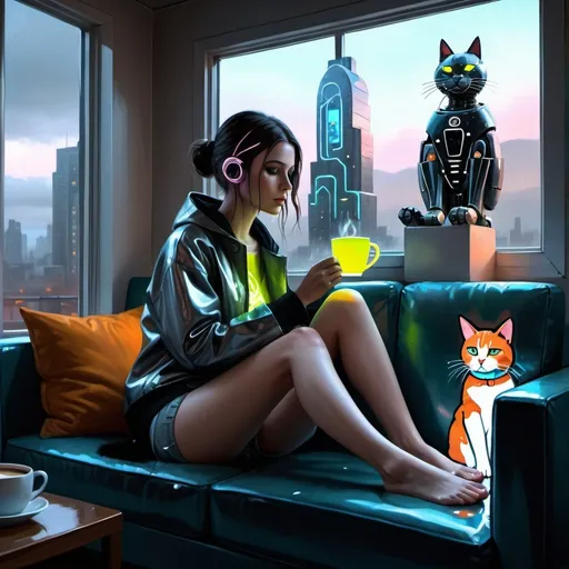 Prompt: 4K glossy oil painting of a woman sitting on a couch with a cat and a cup of coffee in front of a window, Anne Stokes, computer art, highly detailed digital painting, cyberpunk art, it's a rainy day outside the window, the dog it's a robotic companion, the woman's clothing it's futuristic,the window view to a futuristic cityscape, with neon signs outside the window, ultra detail, 4k, perfect details, hyper realistic, 3d, --aspect 7:4, jon klassen, full body character design, neon lights, fashion photography, full shot