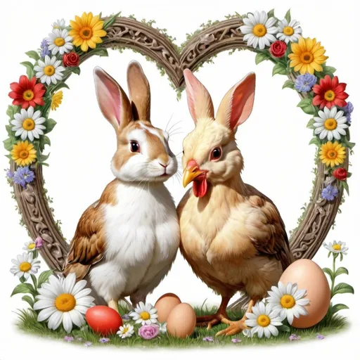 Prompt: a picture of a bunny and a chicken in a heart frame with eggs and flowers around it, with a white background, Anne Stokes, naive art, highly detailed digital art, computer graphics