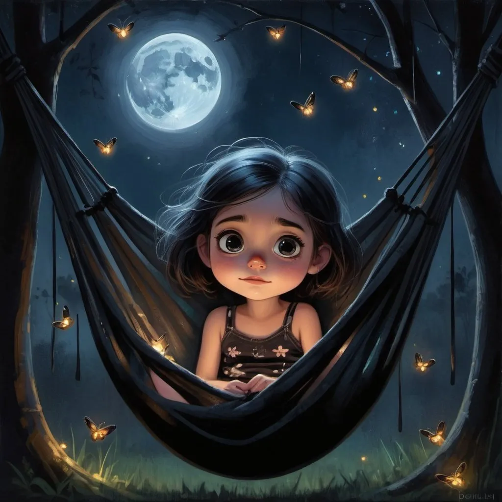 Prompt: a painting of a little girl sitting in a hammock with her eyes open and her hair tied back, gothic art, grunge, a fine art painting, Pixar style ,her expression to be serene and dreamy,moonlit night scene,glowing fireflies around the hammock