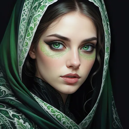 Prompt: a woman with green eyes and a thick black veil on her head, diagonally across half of her face and a black background with a white and green pattern, Anna Dittmann, gothic art, highly detailed digital painting, a photorealistic painting