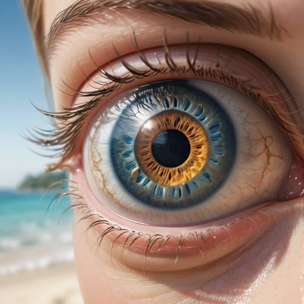 Prompt: Hyper realistic, high definition 3D, photography of a macro image of an eye , inside the retina is a beautiful tropical beach, and *** a women diving or standing towards the camera out of the eyes ***, waves splashing out of the eyes , All features in detail.