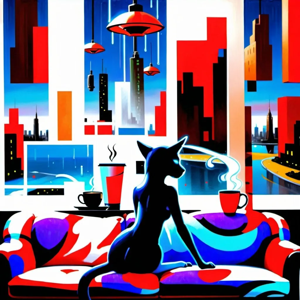 Prompt: a painting of a woman sitting on a couch with a cat and a cup of coffee in front of a window, Anne Stokes, computer art, highly detailed digital painting, cyberpunk art, it's a rainy day outside the window, the dog it's a robotic companion, the woman's clothing it's futuristic,the window view to a futuristic cityscape, with neon signs outside the window