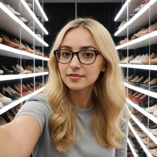 Prompt: a woman with blonde hair and glasses taking a selfie in a mirror room with a shelf of shoes, Ayshia Taşkın, dada, blonde hair, a picture